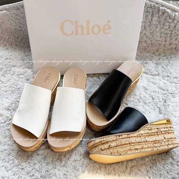 クロエ Chloe カミーユ コルクウェッジ サンダル ブラック/ホワイト