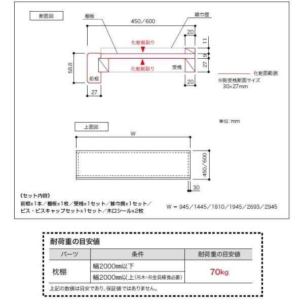 南海プライウッド 収納材 枕棚セット レギュラーシリーズ ホワイト 奥行450×幅1810 MW6241N mw6241nじゅうせつ