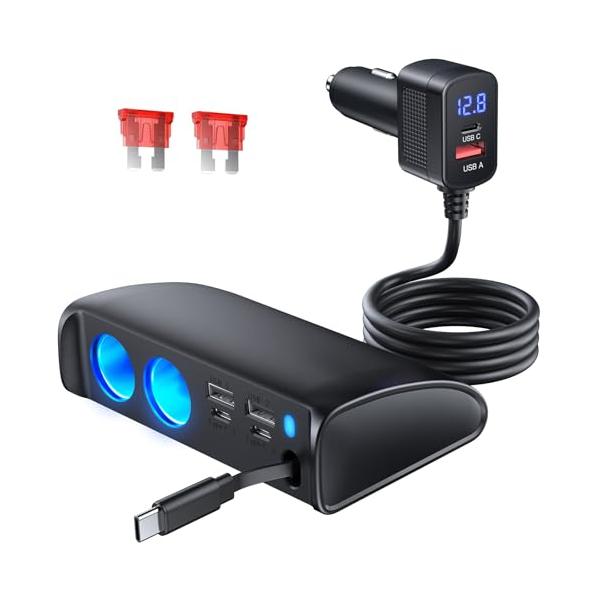 OOWOLF シガーソケット 2連 増設 6USBポート付き 巻き取り式充電器 148W しがーソケット USB QC3.0+PD3.0 急速充電 75cmまきとり充電ケーブル カー用
