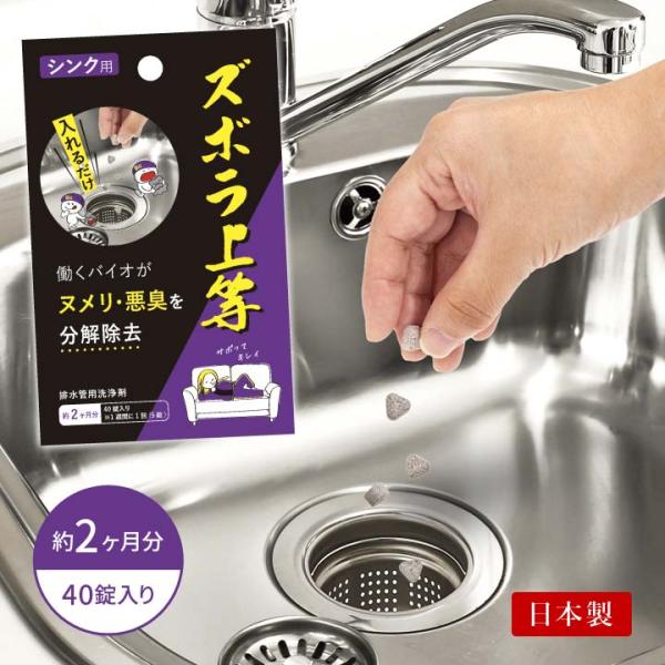 【商品名】ズボラ上等 シンクの排水管用 40錠入【成分】有用微生物(納豆菌同属)賦形剤【重量(約)】23g【使用目安(約)】1週間に1回(5錠)【液性】中性【生産国】日本製【ご注意】※画面上と実物とでは多少色が異なる場合がありますので、ご了...