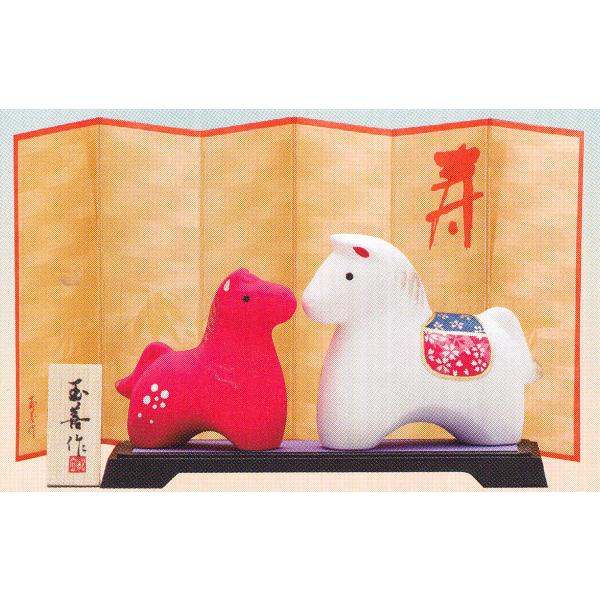 午置物瀬戸物、赤・白1対、屏風、置台付、単体サイズ：（親・88×38×73ｍｍ）（子・68×31×65mm）、