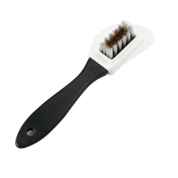 デリケートな起毛革のお手入れに。汚れを効果的に落としながら毛並みを整える、1本で4役こなす起毛革専用ブラシ。長さ：約150mmドイツ製取り扱いメーカー：協進エル