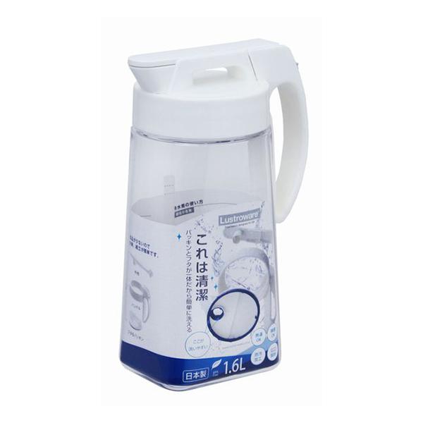 ハンドル付き冷水筒注ぎ口の開閉は片手で簡単タテ・ヨコ自在におけるので冷蔵庫の中もスッキリ広口で洗いやすく注ぎやすい熱湯も入れられる耐熱仕様キャップは茶渋が付きにくい防汚加工容量:約1.6L153×103×245mmプラスチック日本