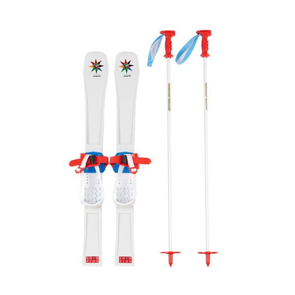 靴のまま取り付けOK。ストック付き。スキー：本体＝ポリエチレン（耐熱温度80度・耐冷温度-20度）、バインディング＝EVA樹脂（耐熱温度80度・耐冷温度-20度）、ストック：本体＝鉄（塩ビ樹脂塗装）、樹脂部＝グリップ：ポリ塩化ビニル、リング...