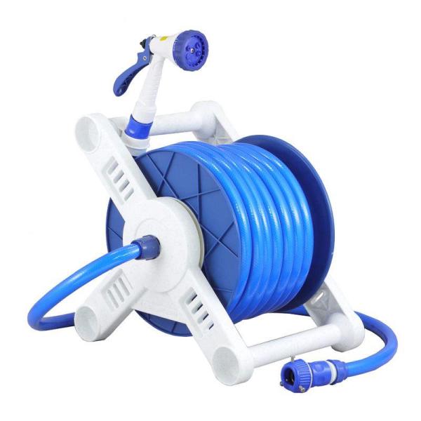 20メートルの巻き戻し機能付ホースリールです。中黒ホースでにより紫外線をカット、藻の発生を抑えノズルの目詰まりを防ぐスーパー耐圧タイプホースです。用途に合わせて、7つの水流が選べます。15mmホース採用で耐久性が非常に高いです。●サイズ：約...