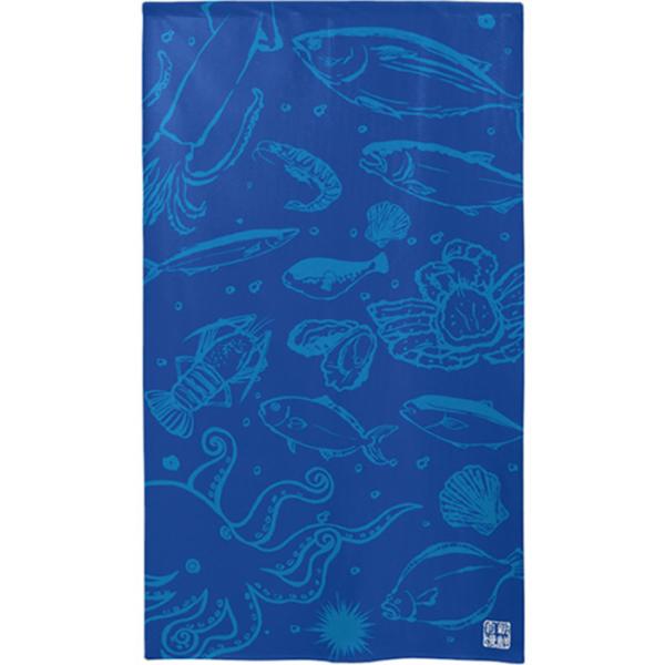 44623 市松柄レースのれん 魚介類 イラスト 紺 W850mm×H1500mm 素材：市松柄レース ポリエステル100% ※受注生産品(納期約2週間)
