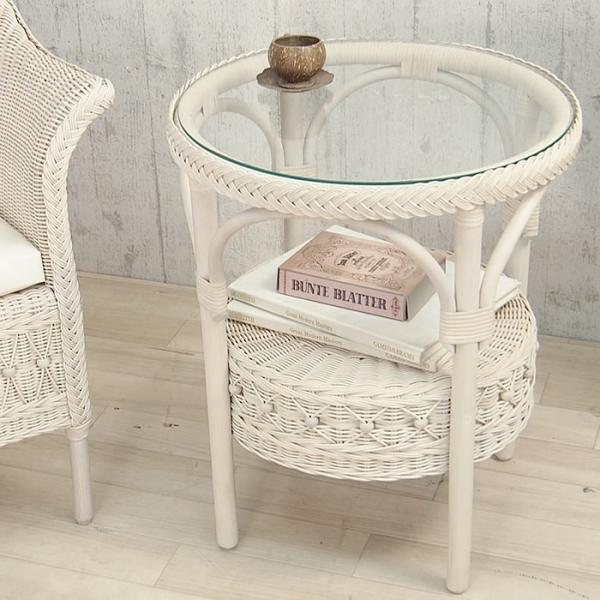 サイドテーブル 010 姫系 おしゃれ 家具 ラタン テーブル 丸 ガラス カントリー ホワイト