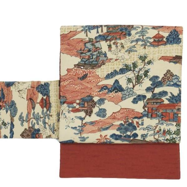 リサイクル名古屋帯 八寸名古屋帯 織物 全通柄帯 正絹 朱 中古着物