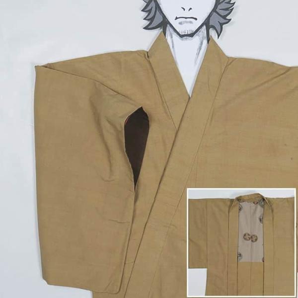 男物 アンサンブル着物 正絹 アンサンブル紬着物 金茶 リサイクル