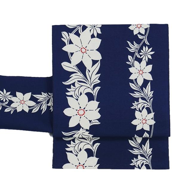 リサイクル名古屋帯 未使用品 紺 綿 八寸名古屋帯 洋花 縞 全通