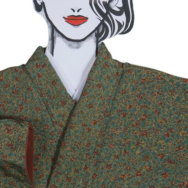 小紋袷 染め小紋 リサイクル小紋 縮緬生地 更紗小紋 唐草文様 緑 身丈