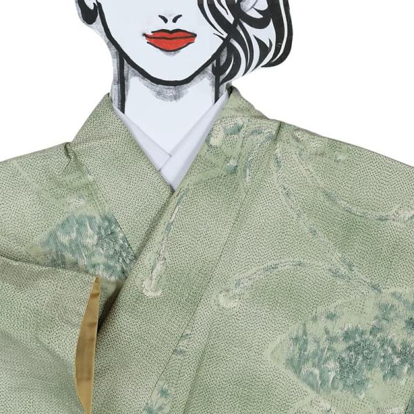 彩縞紬 着物 袷 西陣織 証紙 付き 緑色 縞 裄65 Ｍ 新古品 sn1948 5090-03065_1.jpg