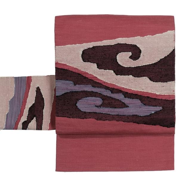 【八寸名古屋帯】郡鶴模様 波 型染め 正絹　赤　カジュアル　アンティーク 八寸名古屋帯】郡鶴模様 波 型染め 正絹 赤 カジュアル アンティーク