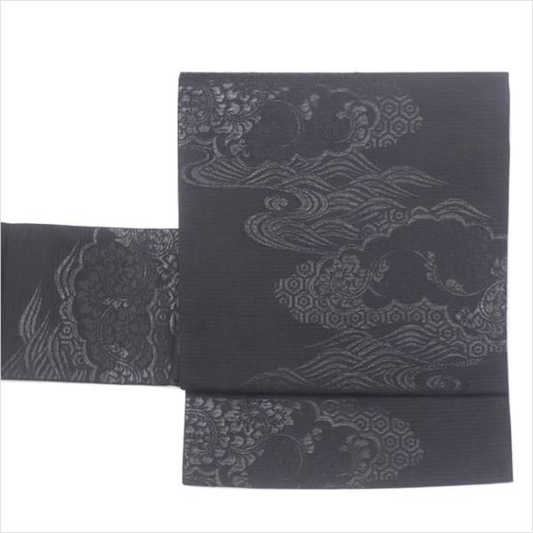 喪服 名古屋帯 未着品 夏物 絽綴れ帯 黒地 絹 中古着物 盛夏きもの 単 