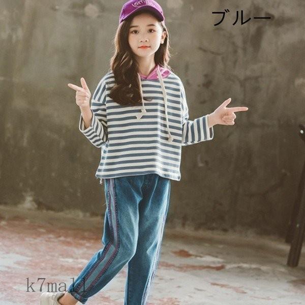 子供服 上下セットアップ 女の子 ２点セット 長袖 トップス 帽子付き ボーダー柄 スウェット ボトムス デニムパンツ ガールズ ジーンズ 学生 運動 スポーツ Greenshotel Com My