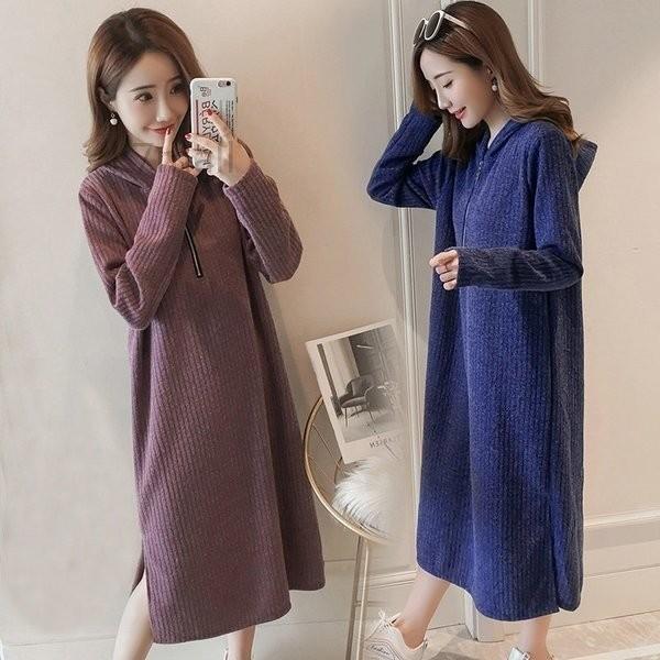 マタニティ ワンピース 秋冬 ロング チュニックワンピース スリット フード付き ニットソー 妊婦服 産前 産後 部屋着 お出かけ 長袖ワンピース 冬 Morenotafurt Com