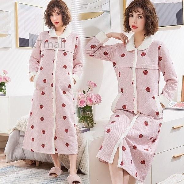 マタニティ パジャマ 秋冬 裏起毛 あったか ネグリジェ 前開き 授乳用 長袖 ワンピースパジャマ ロングガウン イチゴ柄 授乳口付 ルームウェア 部屋着 Grahamrecycling Co Uk