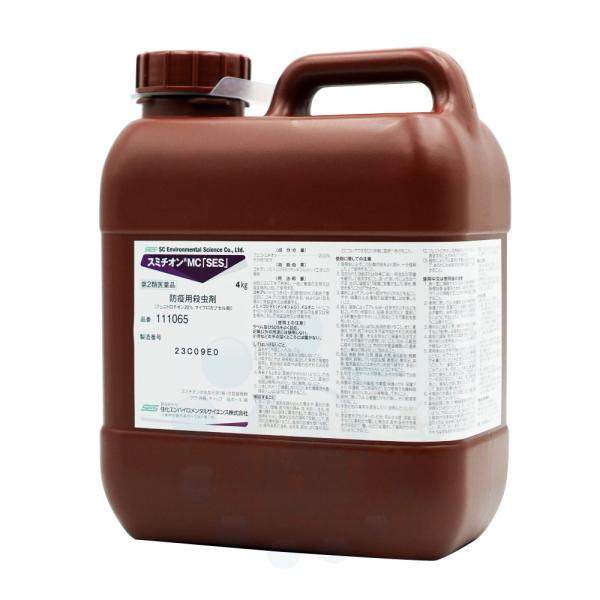 【商品名】スミチオンMC 「SES」【内容量】4kg【有効成分】フェニトロチオン20%　その他7成分【剤　形】MC（マイクロカプセル）剤【適用害虫】トコジラミ（ナンキンムシ）、ゴキブリ、ノミ、イエダニの駆除【区　分】第2類医薬品【使用期限】...