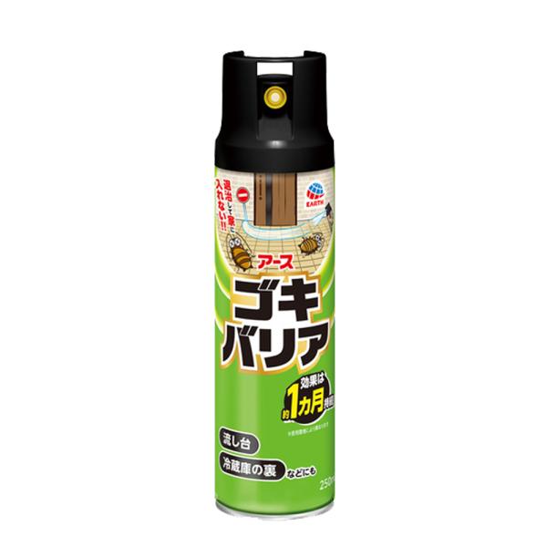 【商品名】ゴキバリア 250mL【内容量】 250mL【生産国】日本【有効成分】d-T80-フタルスリン（ピレスロイド系）0.25w/v％、ペルメトリン（ピレスロイド系）0.25w/v％【成　分】1号灯油、二酸化炭素【効果・効能】ゴキブリ、...