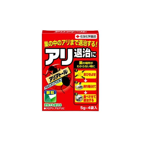 【商品名】アリアトール 【内容量】5g×4【有効成分】アセフェート【保証票の種類】生活害虫防除剤協議会登録【性状】淡黄赤色顆粒状粉末【剤型】顆粒剤【販売元】住友化学園芸株式会社【商品特長】◆庭などにいるクロアリやアカアリを退治する誘因殺アリ...
