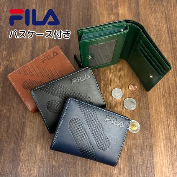 二つ折り財布 メンズ レディース 通勤 通学 定期入れ FILA パスケース付き L字ファスナー 合成皮革 軽量 61fl63