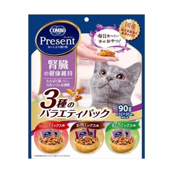 他サイト： P-4902112051368 日本ペットフード コンボ プレゼント キャット おやつ 腎臓の健康維持 3種のバラエティパック 90gの商品画像