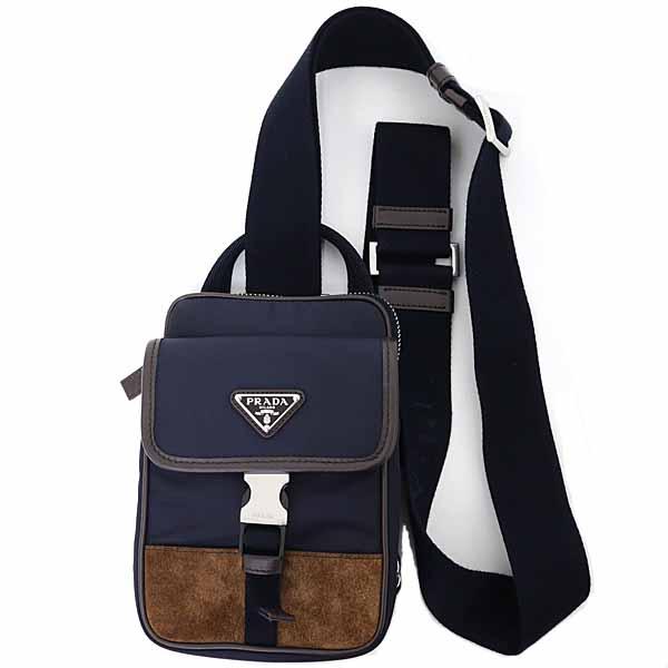 プラダ PRADA Re-Nylon xレザー スマートフォンケース スマホショルダー 2ZH194 F0C1B BLU+CAFFE ネイビー/ダークブラウン 【中古】Aランク PRADA（プラダ） PRADA Re-Nylon xレザー スマートフォンケース スマホ
