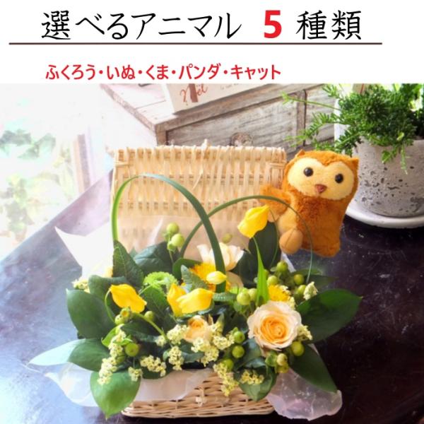 ※こちらの商品は画像配信対象外です。■この商品の特徴：グリーン数種を使用した、葉物中心のアレンジ。 メインカラーは黄色でピンクも入ります。 ページの画像は参考画像としてご覧ください。 アニマルは、キャット、ふくろう、いぬ、くま、コアラの5種...