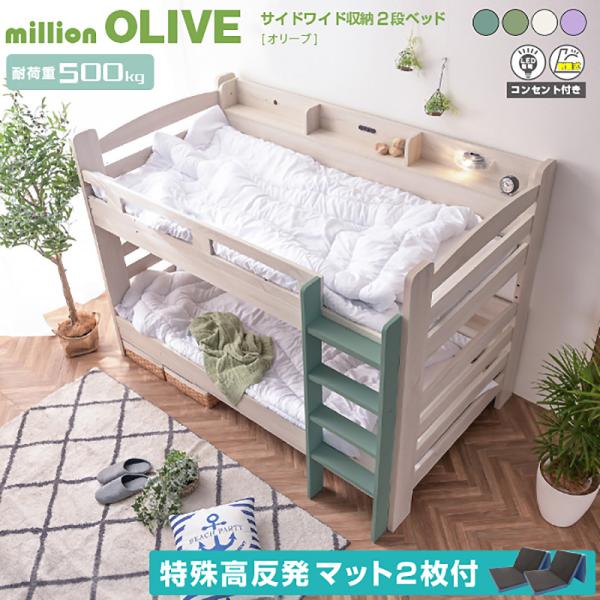 材質本体：MDFとパーチクルボード メラミン強化シートすのこ：LVL材 　　サイズ全体：幅202×奥115×高さ145(cm)カラーホワイトウォッシュ・グリーン・ブルー・パープル特徴本や小物が置けて便利上下段サイドにワイド宮棚ハシゴ左右取付...