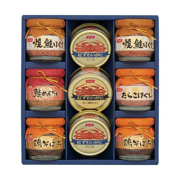 ニッスイ 缶詰・びん詰ギフトセット 紅ずわいがにほぐし身・焼鮭ほぐし・鶏そぼろ、紅ずわいがにほぐし脚肉かざり・たらこほぐし・鮭めんたい B1