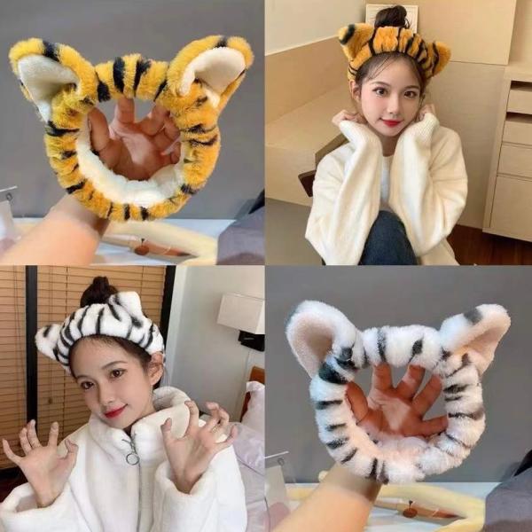ヘアバンド 洗顔用 ふわふわ ターバン 猫耳 虎耳 ウォッシュバンド 吸水シュシュ 可愛い 袖濡れ防止 洗顔下手女子