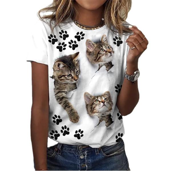 可愛い 3D 猫 Tシャツ 半袖 薄手 ねこ 白 レディース クルーネック  おもしろ アニマル おしゃれ かわいい トリックアート