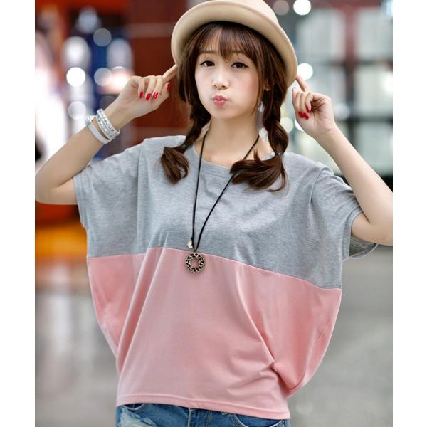 ドルマンスリーブ Tシャツ シャツ レディース カットソー 半袖 バイカラー ゆったり 体型カバー