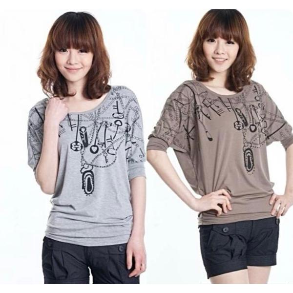 Tシャツ シャツ 半袖 チェーンデザイン レディース ゆったり 体型カバー グレー ブラウン