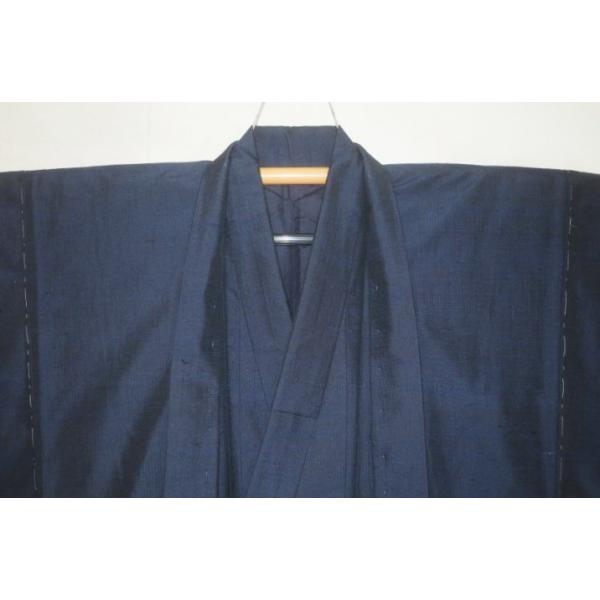 お買い得セール 弐11705 本絹米琉ぜんまい紬 男着物羽織 裄70丈142К超光沢濃紺 未着用