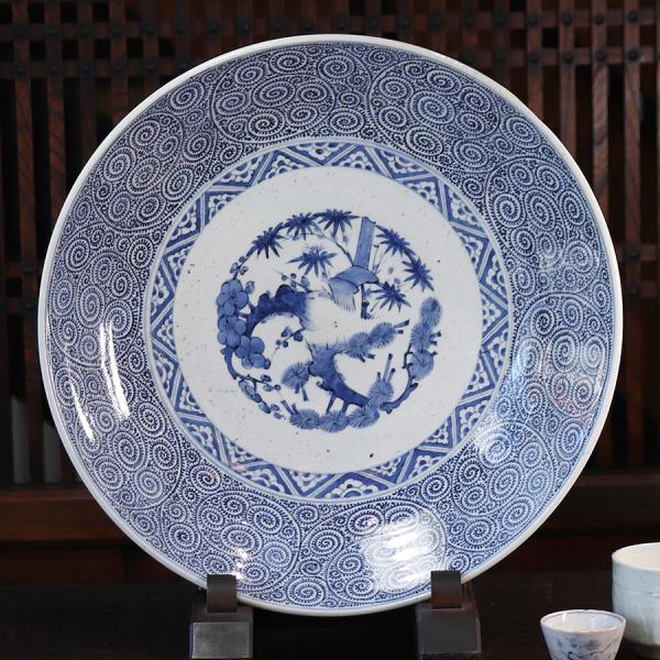 江戸時代中期-後期 古伊万里 染付松竹梅蛸唐草文大皿 一尺五寸（46.5cm 