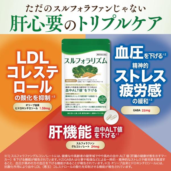 キーワード：スルフォラリズム、機能性表示食品、スルフォラファン、肝臓、肝臓サプリ、肝機能、コレステロール、血圧、ストレス、疲労感、疲労回復・原材料：ケール種子エキス末（イタリア製造）、L-オルニチン塩酸塩、GABA、オリーブ葉エキス末／結晶...