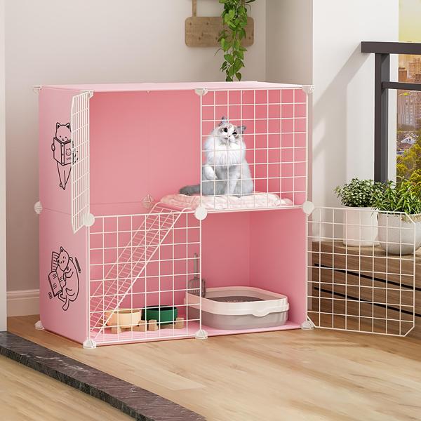 【広々空間】複数の猫ちゃんに対応できる2分割・3分割の猫用ケージです。自由に置ける2/3段の広々とした棚と、猫ちゃんがくつろげるベッドやおもちゃが設置されています。ケージ内にはハンモックやワイドシェルフ、はしごをご用意しております。【頑丈で...