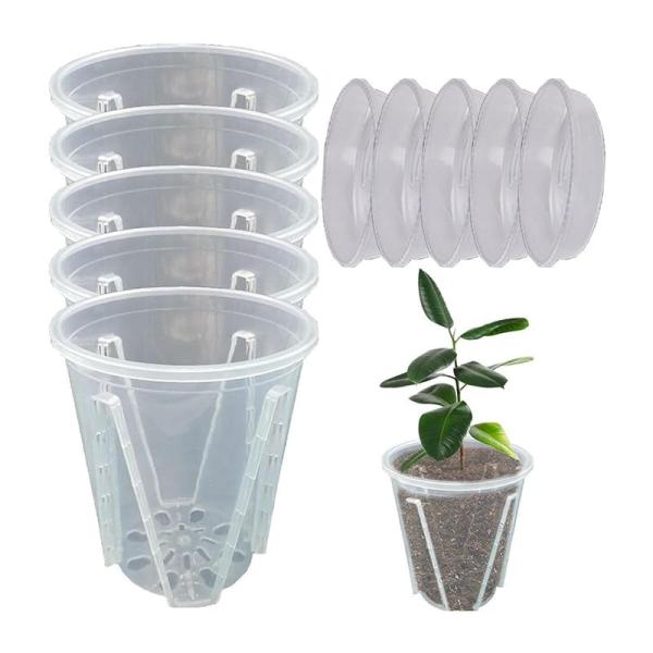 プラスチック鉢 植木鉢 花 プランター 鉢 5個セット 14cm/16cm 透明 底穴あり 受け皿付き 胡蝶蘭 育苗ポット 多肉植物 水切りポット 蘭鉢 プラ鉢 サボテン鉢 園