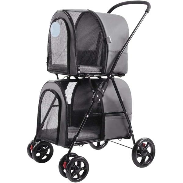 ? 快適：4輪ベビーカーは、キャビンの上部と下部のコンパートメントにより、小さくてかわいい猫や犬に最適です。2匹の小さな犬や猫が毎日の散歩で突破する必要はありません。? アップ＆ダウンレイヤードデザイン：上部の小型キャリアと下部の大型キャリ...