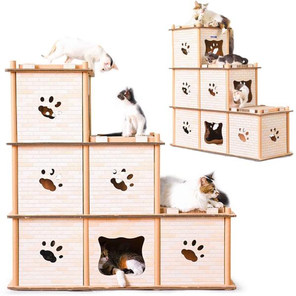 爪研ぎ ダンボール 段ボールベッド キャットハウス 大型猫 多頭飼う 猫用爪とぎ キャットタワー ダンボールハウス 爪とぎ兼ベッド 猫箱 二層 組み立て式 高密度