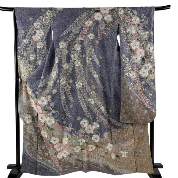 振袖 身丈162.5cm 裄丈66cm M 袷 辻が花 金彩 銀通し 青紫 正絹 逸品