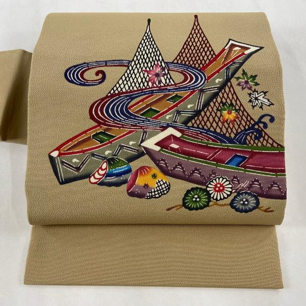 開き名古屋帯 美品 逸品 城間栄順 落款 建物 葉柄 青 正絹 【中古  