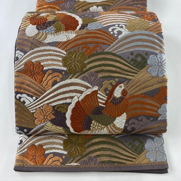 袋帯 秀品 鴛鴦 波 金糸 唐織 灰紫 六通 正絹 中古 : 1000064916186  