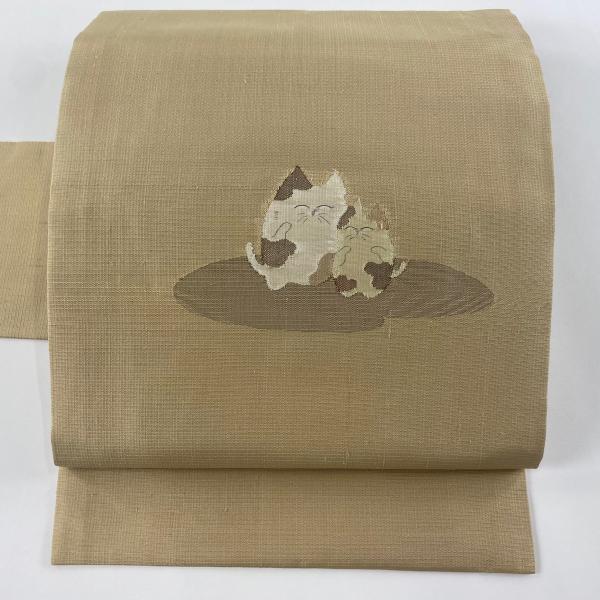 袋名古屋帯 美品 つるん 逸品 猫 草花 ベージュ 正絹 【中古】 