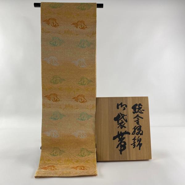 袋帯 美品 逸品 桝屋高尾 落款あり 桐竹鳳凰文 菱 金糸 薄オレンジ 六  