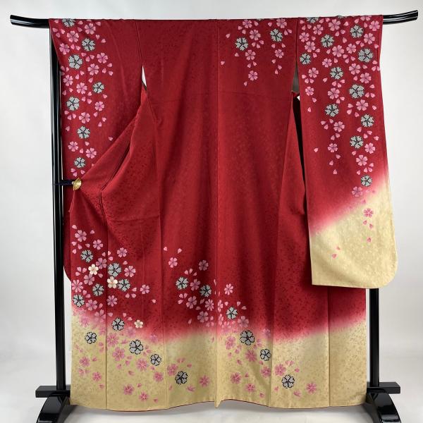 振袖 身丈166cm 裄丈67cm M 袷 桜 花びら 金糸 刺繍 茜色 正絹 美品  
