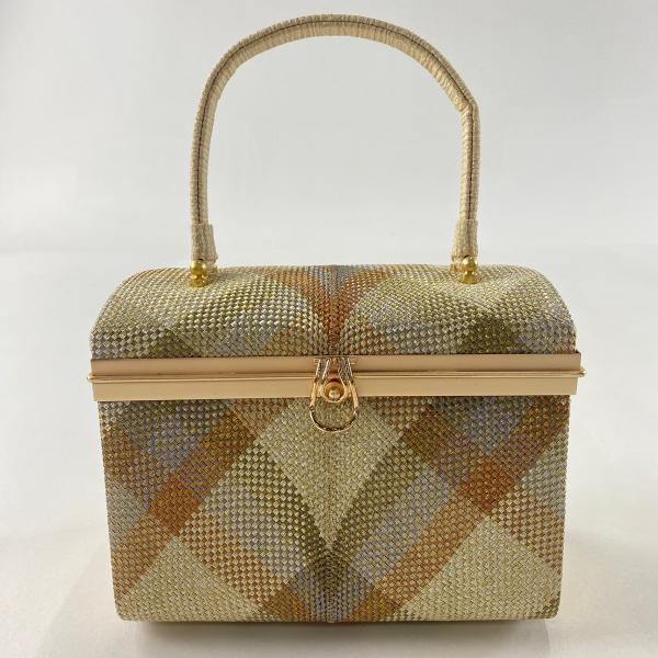 【美品】正絹 高級和装バッグ 和装バッグ 美品 優品 フォーマル 斜め格子 金糸 金色 正絹 和装小物