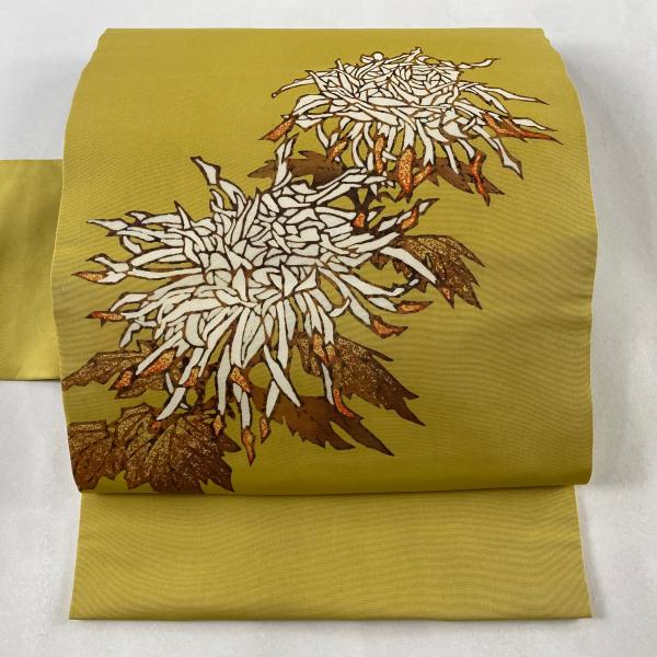 名古屋帯 逸品 落款あり 田島比呂子 草花 金彩 からし色 正絹 中古 