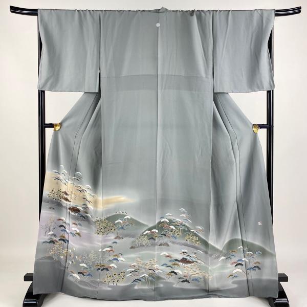 色留袖 身丈168cm 裄丈69cm L 袷 落款あり 建物 松 ぼかし 青灰色 正絹  
